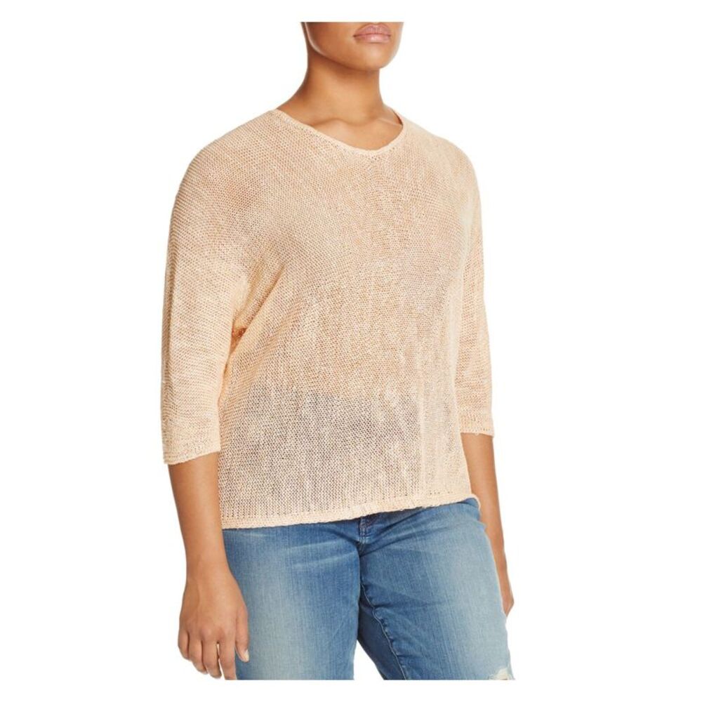 NIC+ZOE Womens Beige Sheer Open-stitch-knit 3/4 Sleeve V Neck Top Plus 3X